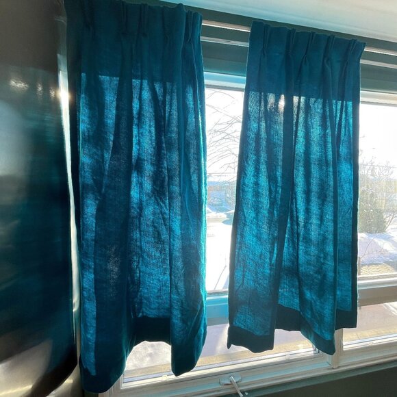 Vintage 70s pleated curtains, boho peacock blue jewel tone, pair Sears panels - Picture 2 of 10